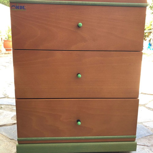 Wooden office room set used, green details, desk and drawer