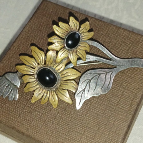Vintage brooch with silver 925 and bronze sunflowers, handmade, used