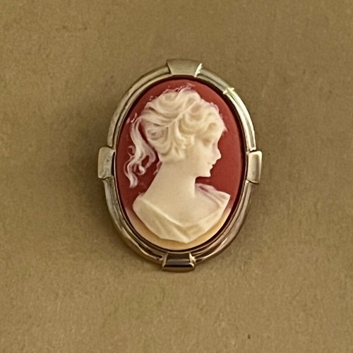 Maty vintage cameo pin used, orange and gold colors