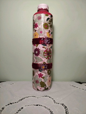 Glass decoupage bottle like new, handmade with velvet details