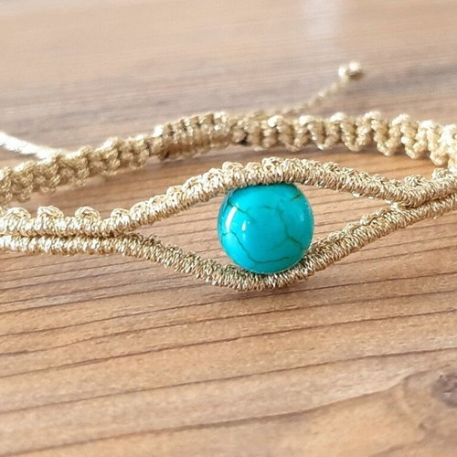 Women's eye outline bracelet metallic handmade with turquoise haolite new