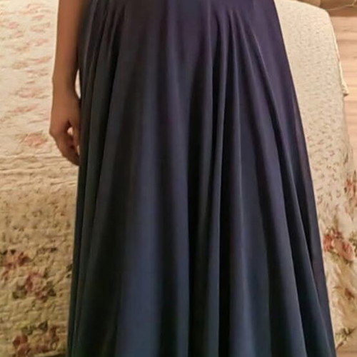 Elegant long boutique dress, dark blue satin