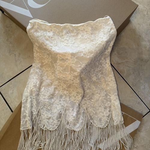 Zara asymmetric beaded lace top and fringe lace skirt set, new, ecru