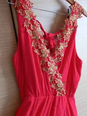 Bsb long asymmetric dress coral with gold embroidery like new, size XL