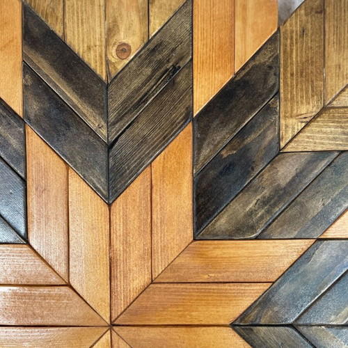 Handmade wooden wall art with geometric Aztec design Ø53 cm