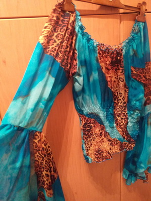 Silk blouse new, blue with honeycomb detail and umbrella sleeves