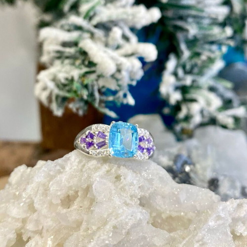 Handmade silver ring with natural aquamarine, amethyst and moissanite