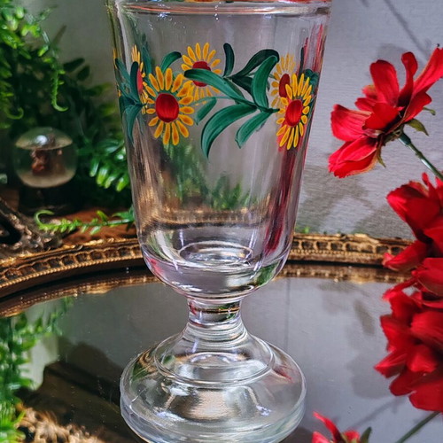 Retro pressed glass collector's cup, hand-painted sunflower design