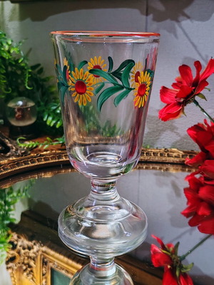 Retro pressed glass collector's cup, hand-painted sunflower design