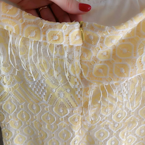 Cubic strapless cocktail dress with fringes like new, white and yellow