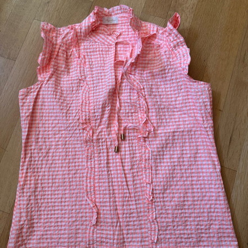 Regalinas checked sleeveless blouse like new with ruffles and tie