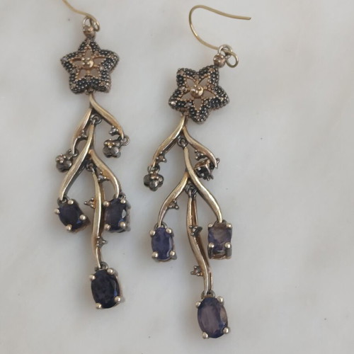 925 Silver and 9k Gold Earrings with Tanzanite and Old-Cut Diamonds, 7 cm