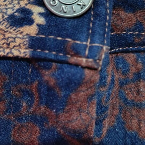 Vintage flare pants with oriental dragon pattern, blue and brown