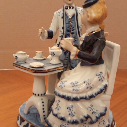 Vintage Japanese Porcelain Figurine Couple, 21cm, cobalt blue