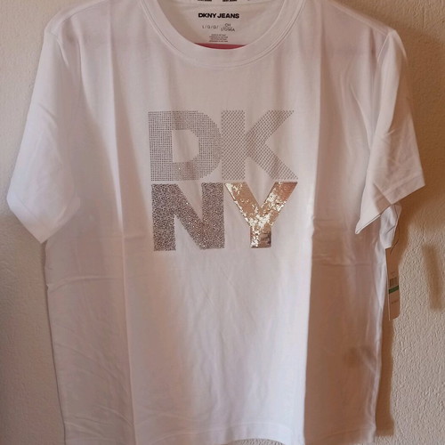 DKNY T-shirt new, white with silver logo, size L