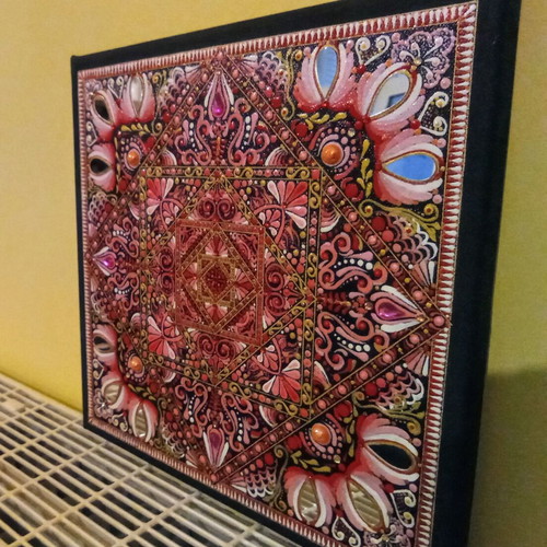 Square Mandala painting new on canvas with acrylics and decorative elements