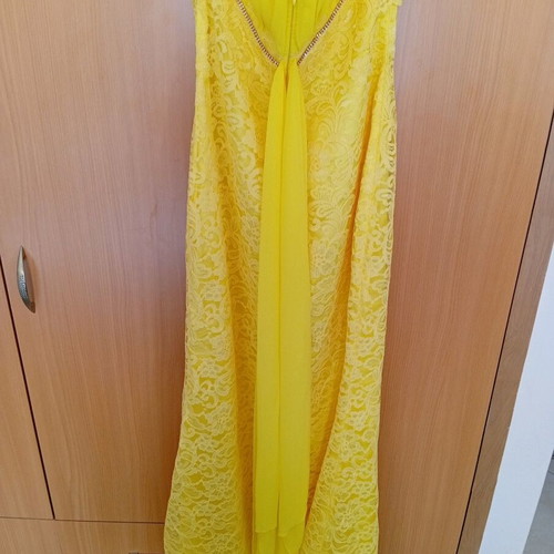 Maxi yellow evening dress with lace and strass, like new, size L/XL