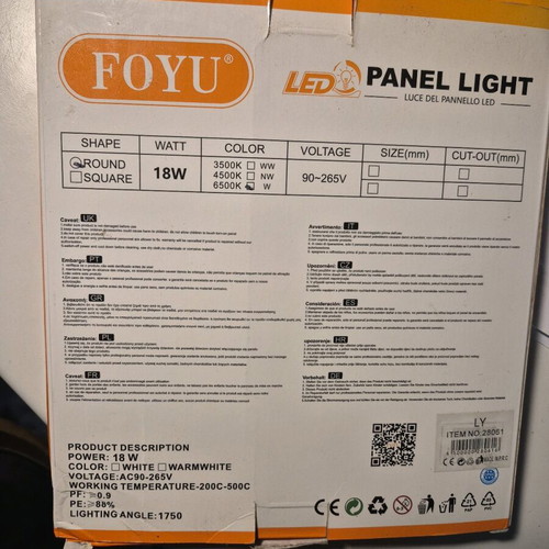 LED panel light 18W used, recessed, cool white light