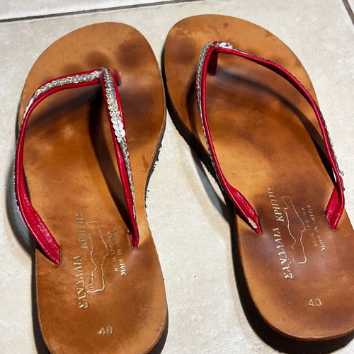 Women's brown sandals with red straps used, genuine leather, size 40