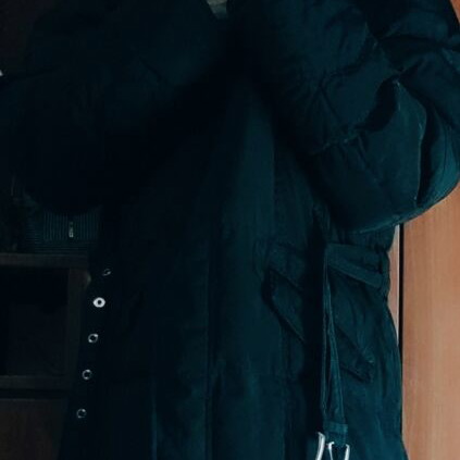 Lola black coat used, warm with faux fur hood, size M