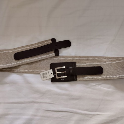 Real leather belt with linen fabric new, beige and brown