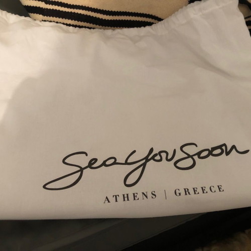 Sea You Soon beach bag used, large with black and white print