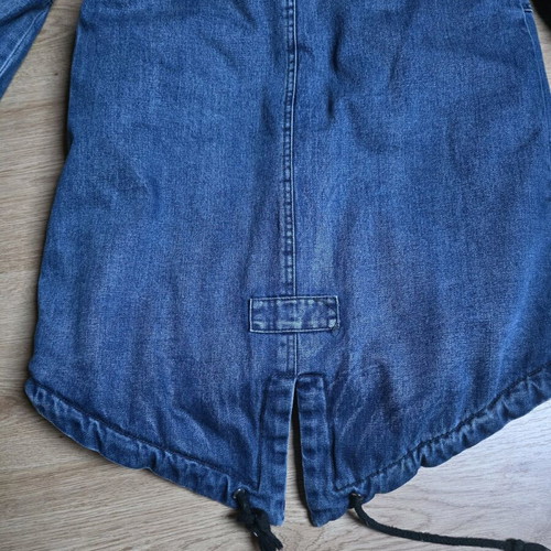 Denim jacket with sherpa parka and hood like new, blue