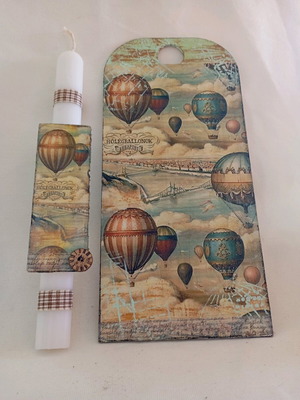 Hot air balloons used, wooden candle back with candle and matching bookmark