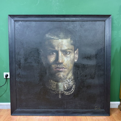 M. Tsakountis portrait oil painting in triple frame