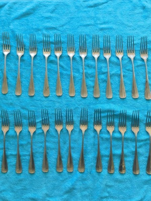 Set of 35 used alpacca dinner forks, about 120 years old