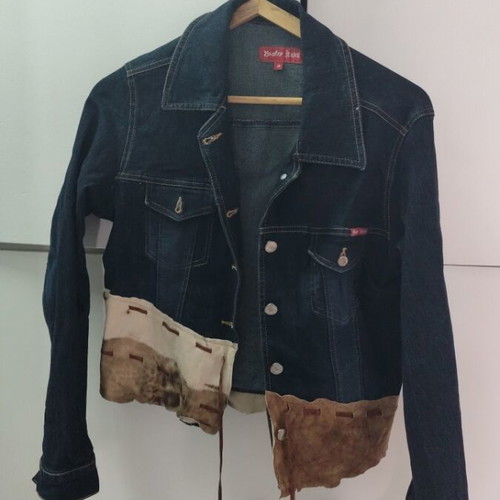 Ysatis denim jacket like new, dark blue with leather detail