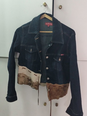 Ysatis denim jacket like new, dark blue with leather detail