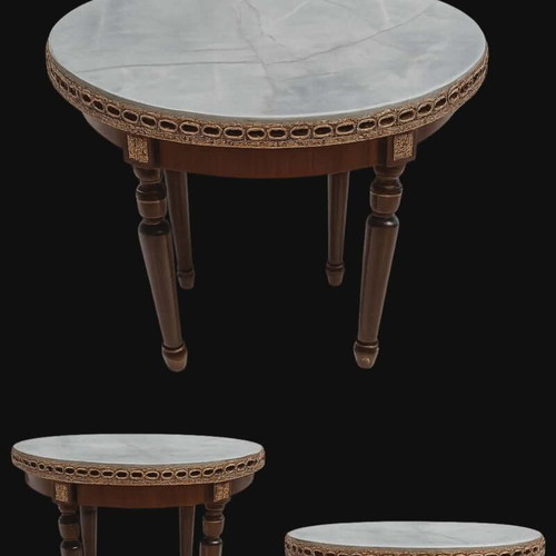 Vintage round coffee table with metal decoration and marble top like new