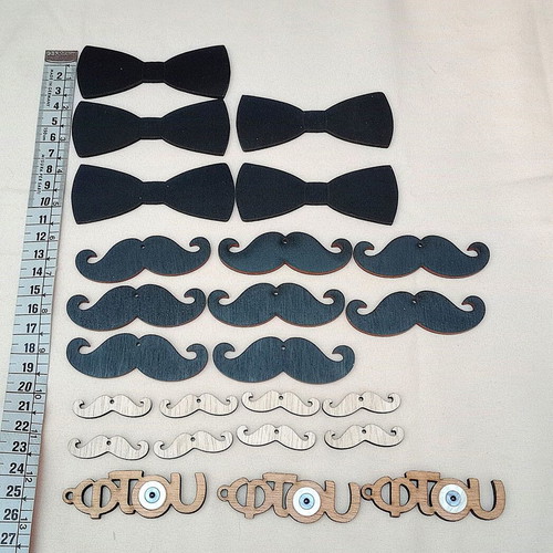 Wooden bow ties and mustaches set of 24, new