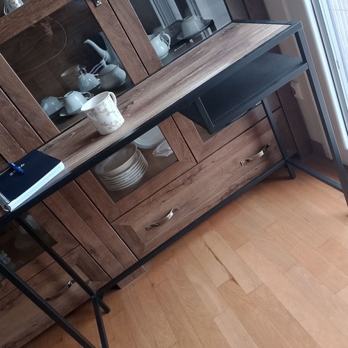 Mini console table like new, metal frame with wood effect glass top