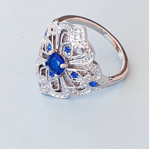 Vintage 70ies Boho Silver Engraved Ring with Blue Zircon Stones Size 55 Like New
