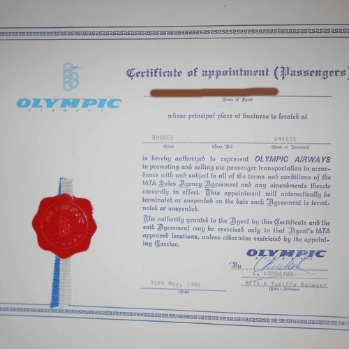 Olympic Airways Certificate of Quality Service used, 1968