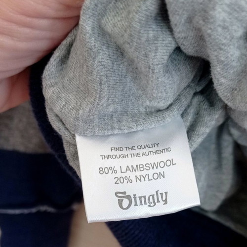 Singly hoodie used, grey with blue stripes, kids Large and women's Medium