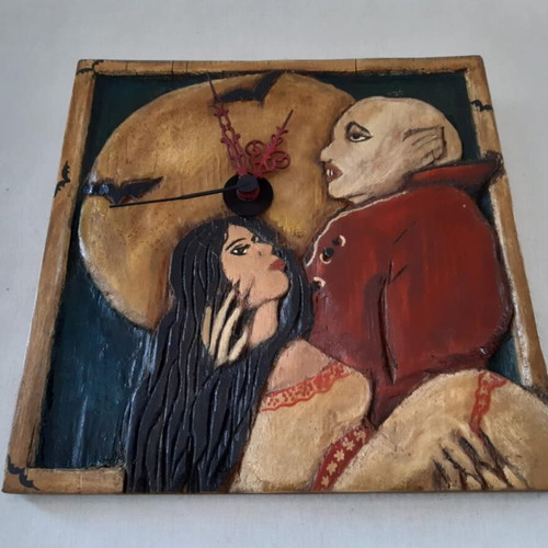 Handmade wooden Nosferatu wall clock used, non-working