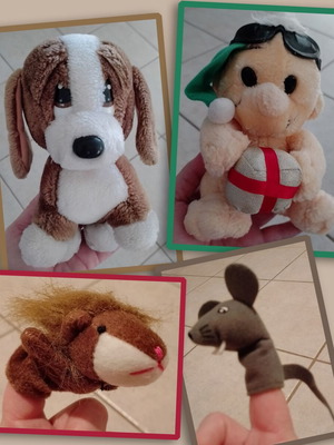 Plush toy set with 2 dolls and 2 finger puppets, like new
