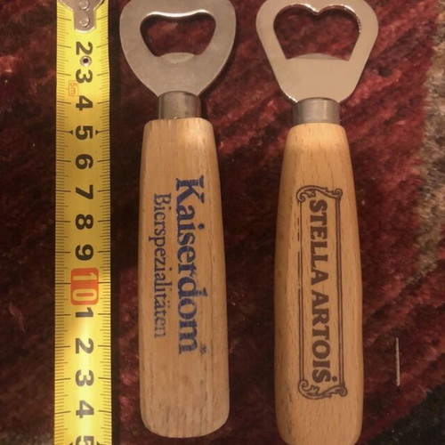 Set of 2 wooden Stella Artois and Kaiserdom collectible bottle openers, vintage 25 years