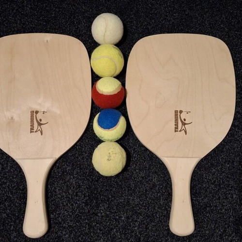Wooden rackets and 5 balls like new, one custom painted