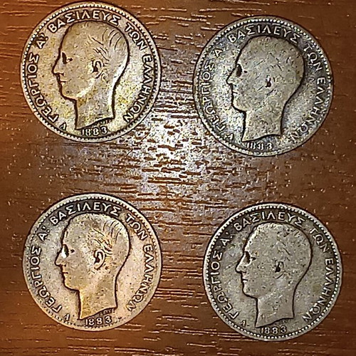 Greek 1 Drachma Coins 1883 Set of Four Used Silver