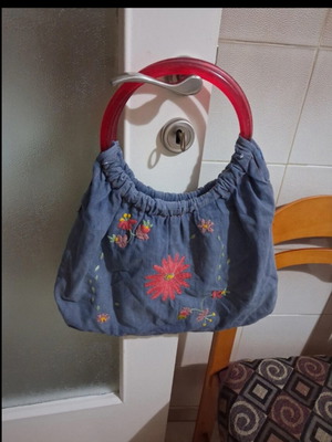 Handmade boho denim handbag, embroidered, 41 cm