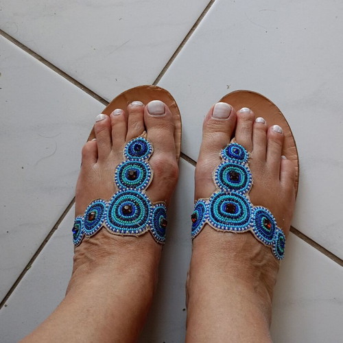 Beaded leather sandals used, size 38, blue and turquoise