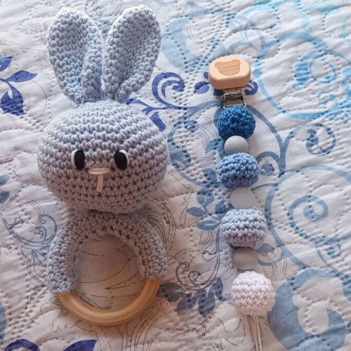 Crochet set with pacifier clip and handmade bunny rattle like new