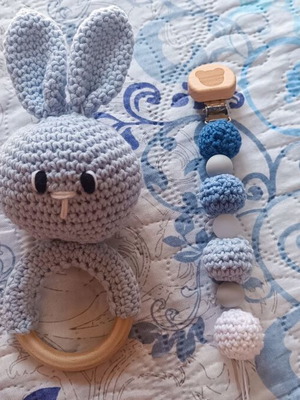 Crochet set with pacifier clip and handmade bunny rattle like new
