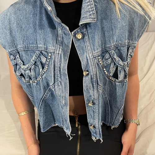 Vintage Bianca Maria Caselli denim vest crop with rhinestones pearls, like new, L