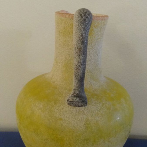 Vintage yellow blown glass vase jug with scavo texture 1980s