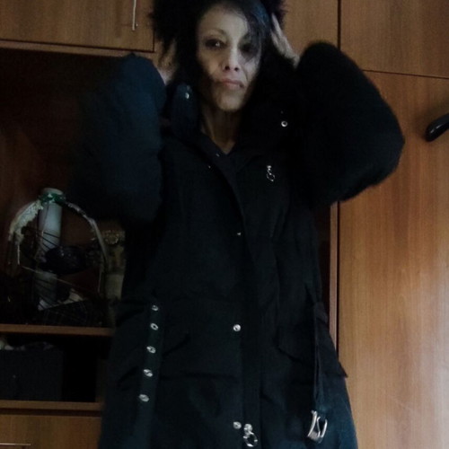 Lola black coat used, warm with faux fur hood, size M